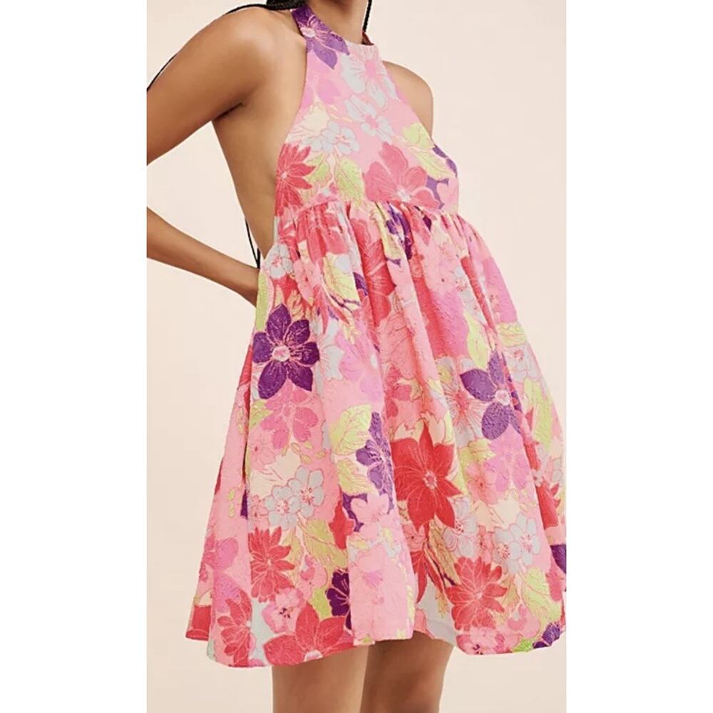 Free People Passion Flower Mini Dress XS Halter Backless Pink Purple Textured